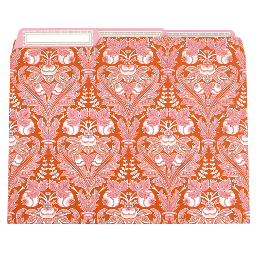 a file folder with a red and white floral pattern.