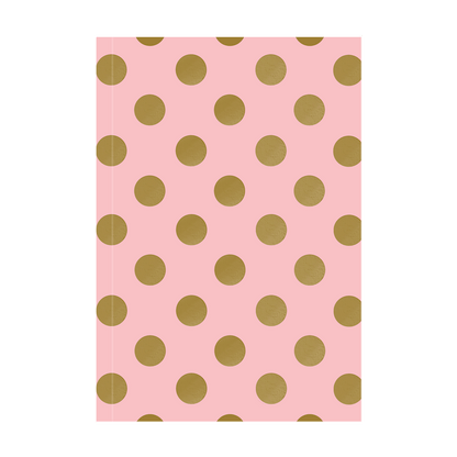 a pink background with gold polka dots.
