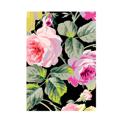 a painting of pink roses on a black background.