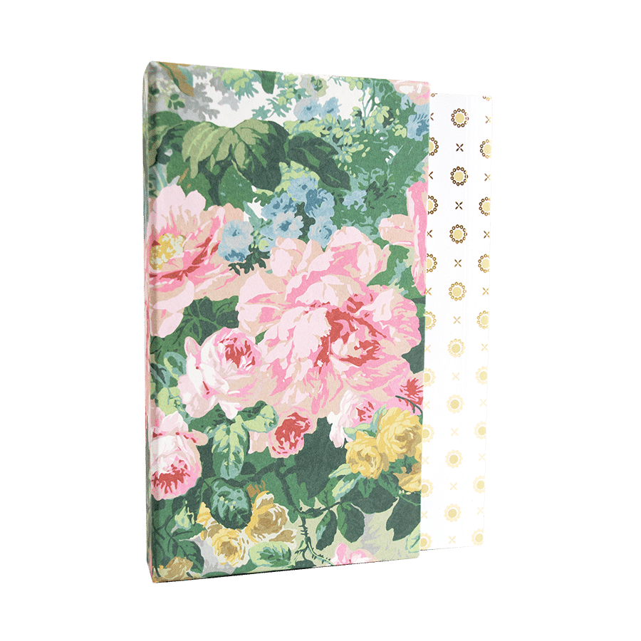 a notebook with a floral pattern on the cover.