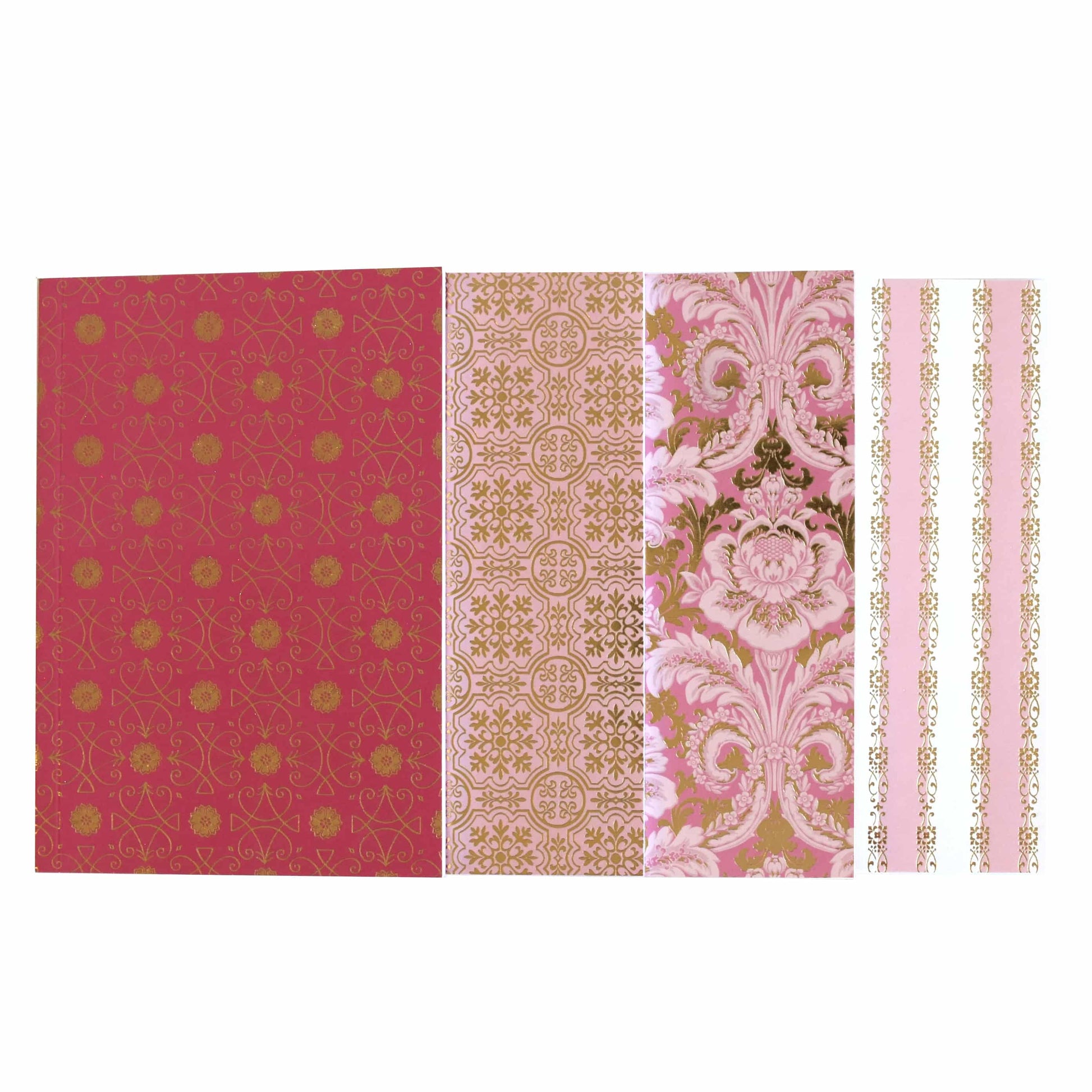 a set of three pink and gold patterned papers.