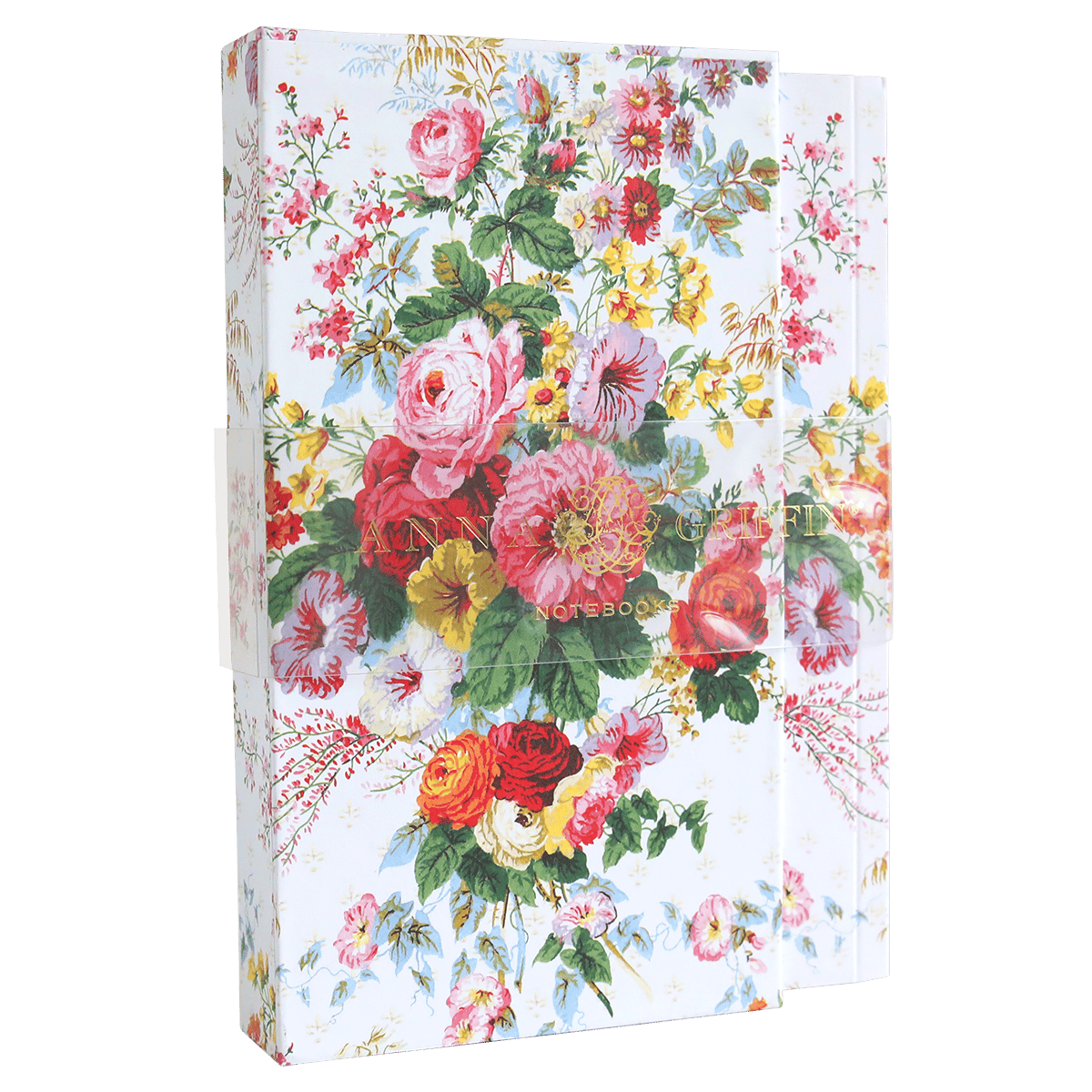 a floral print notebook with a green background.
