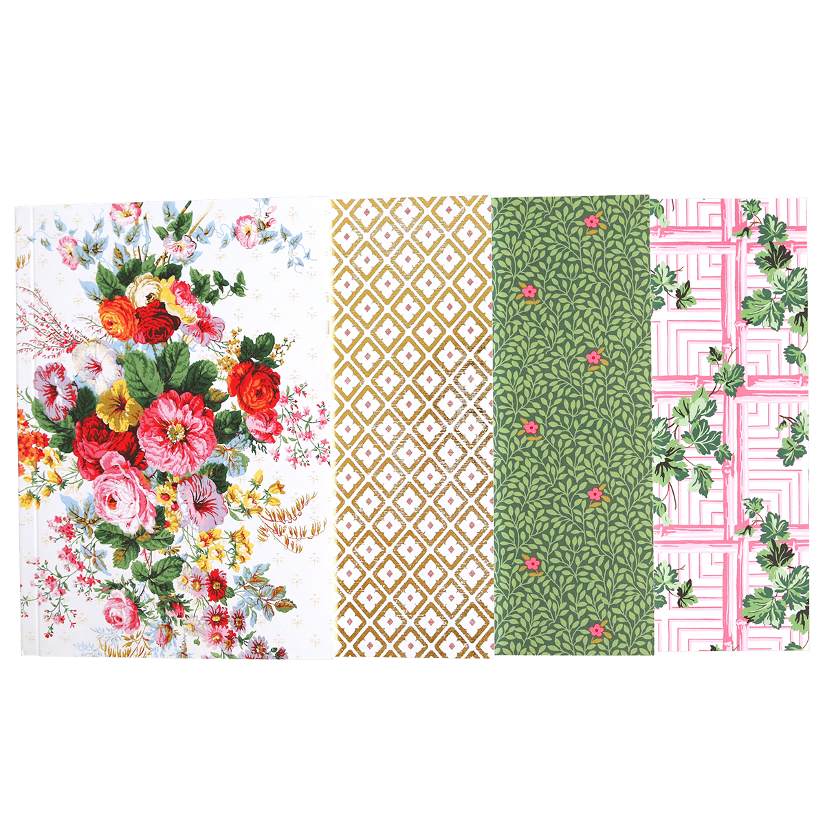 four different patterns of flowers on a green background.