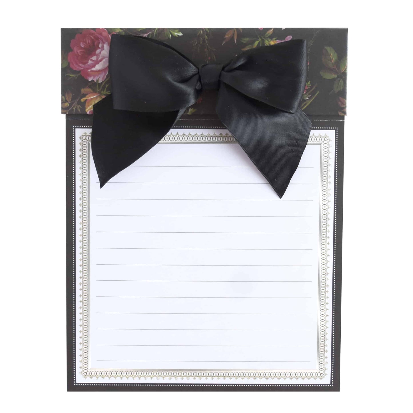 a note with a black bow on top of it.