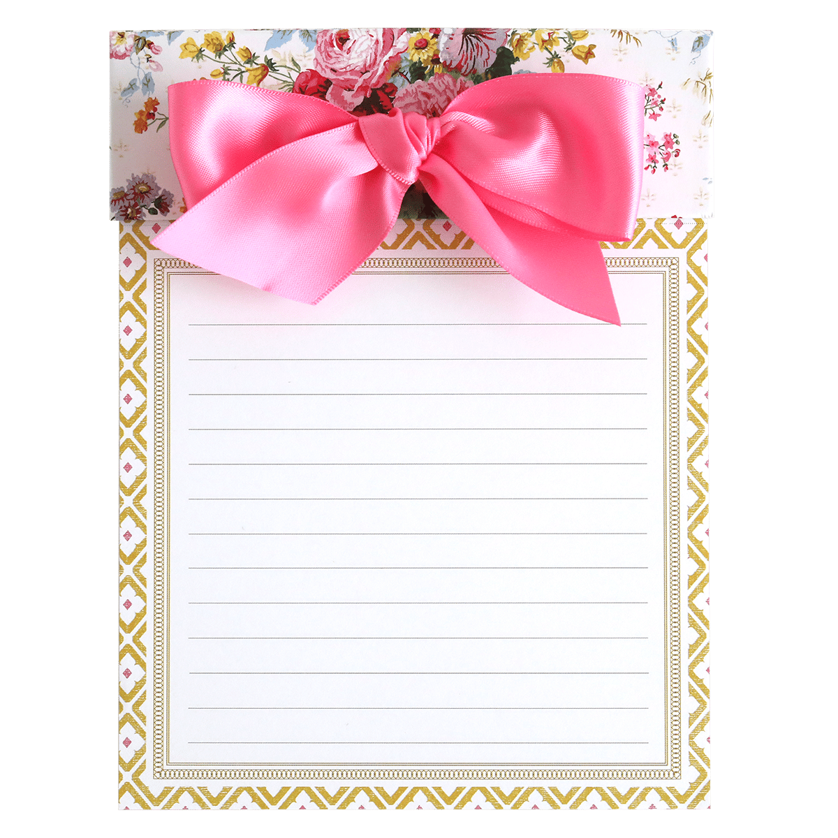 a notepad with a pink bow on top of it.