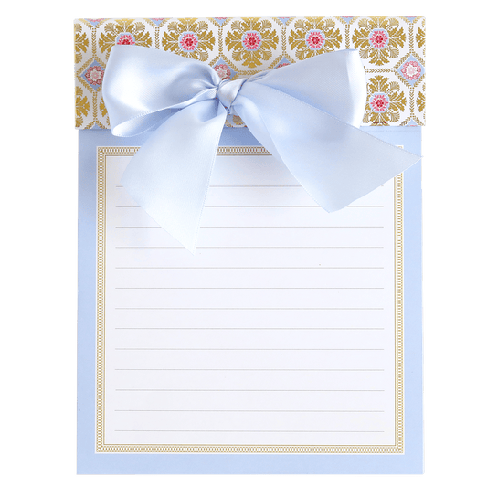 a card with a blue ribbon and a bow.