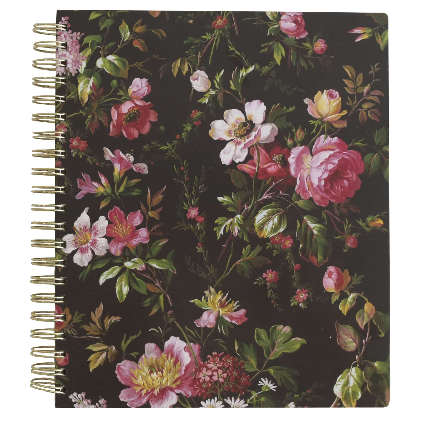 a spiral notebook with flowers on a black background.