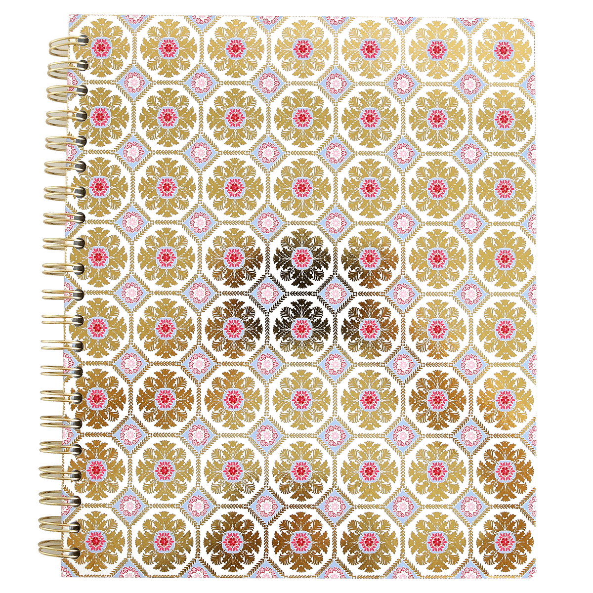 a spiral notebook with a gold and pink pattern.