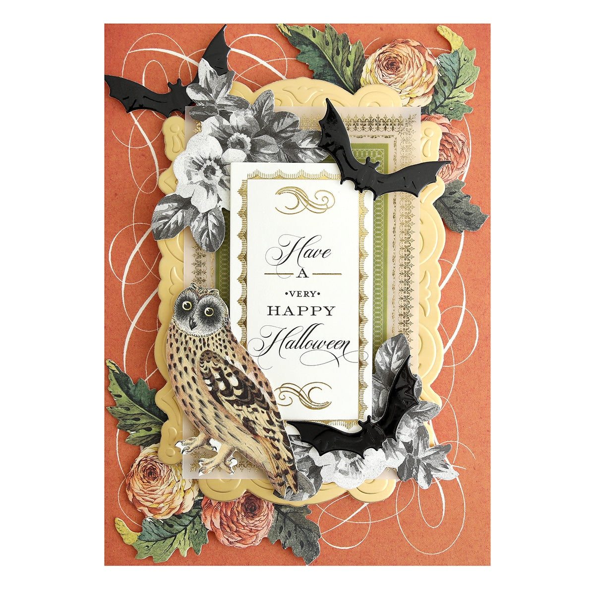 a card with an owl and flowers on it.