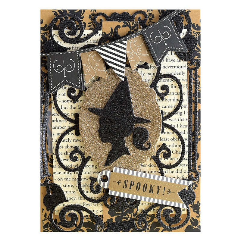 a card with a black and gold design on it.