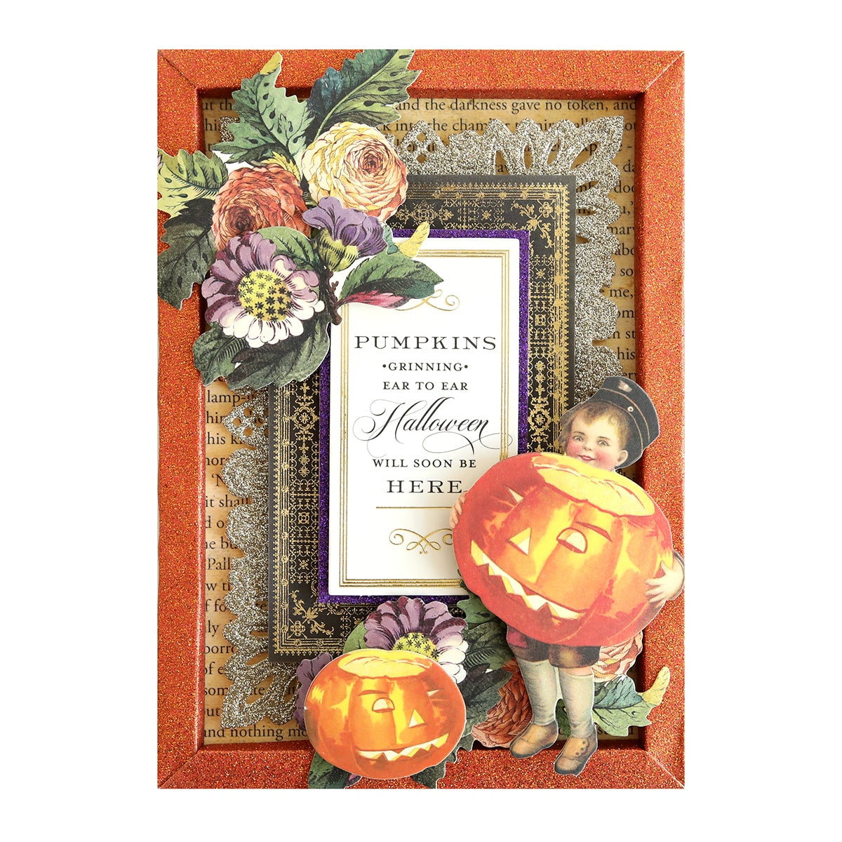 A Halloween 12x12 Glitter Cardstock with a boy holding a pumpkin and flowers.