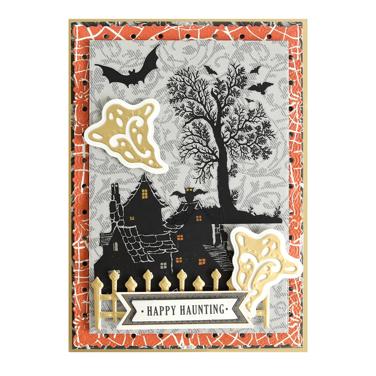 a card with a halloween scene and bats.
