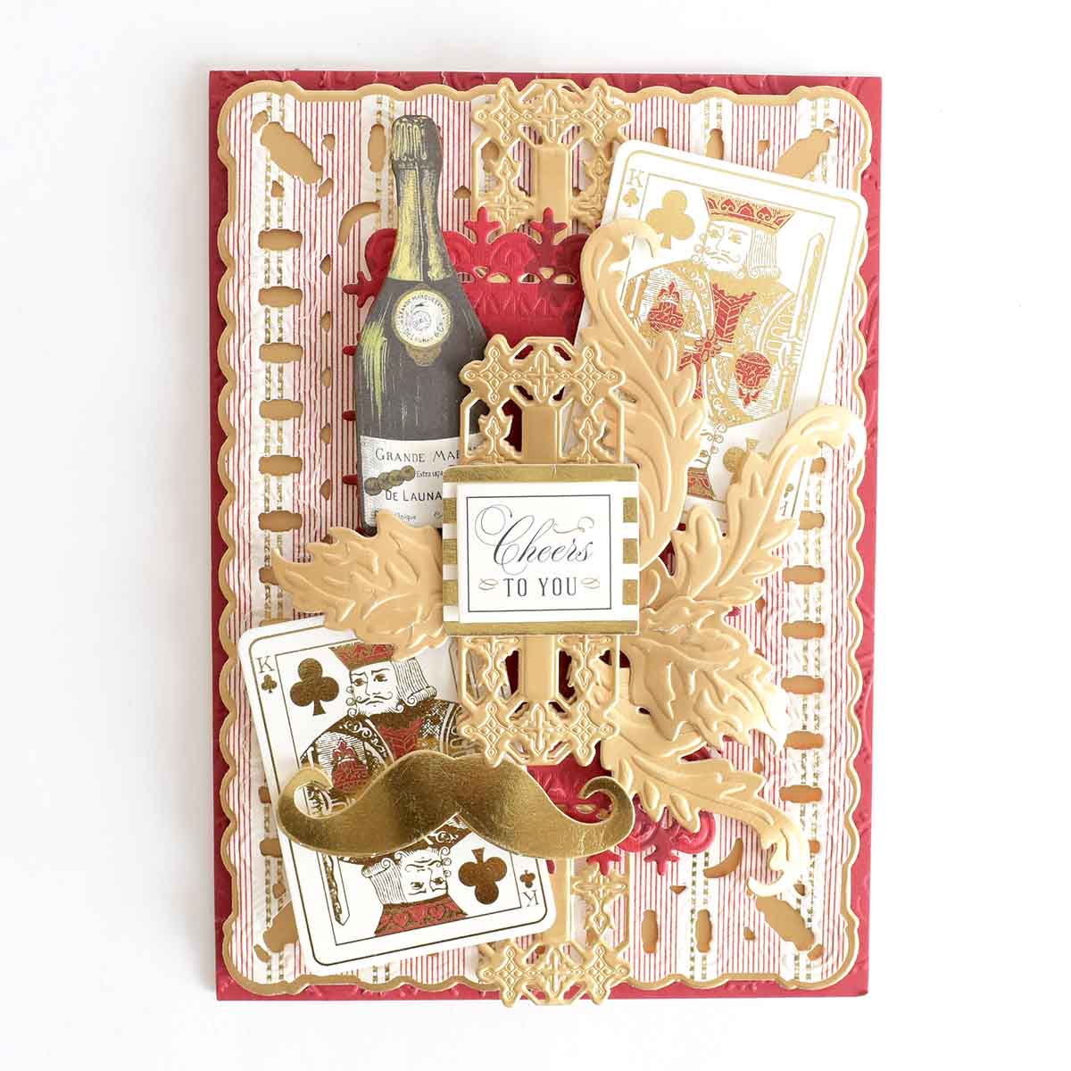 a close up of a card with a bottle of wine.