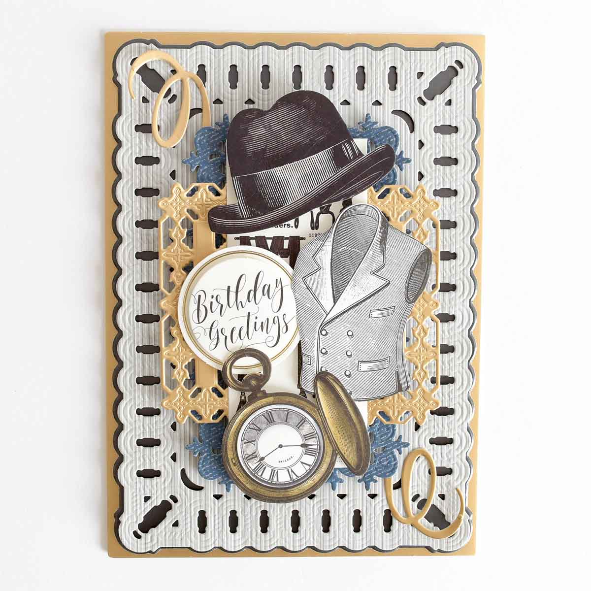 a birthday card with a clock and a hat.