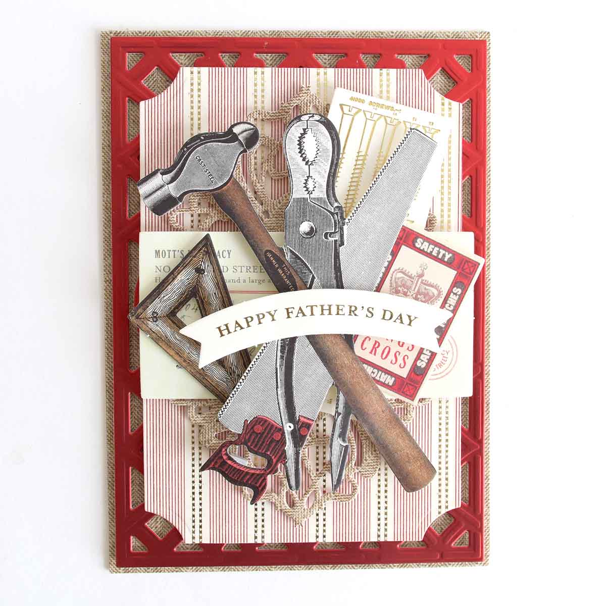 a father's day card with tools and a ribbon.