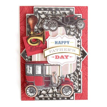 a card with a red car and a happy father's day message.