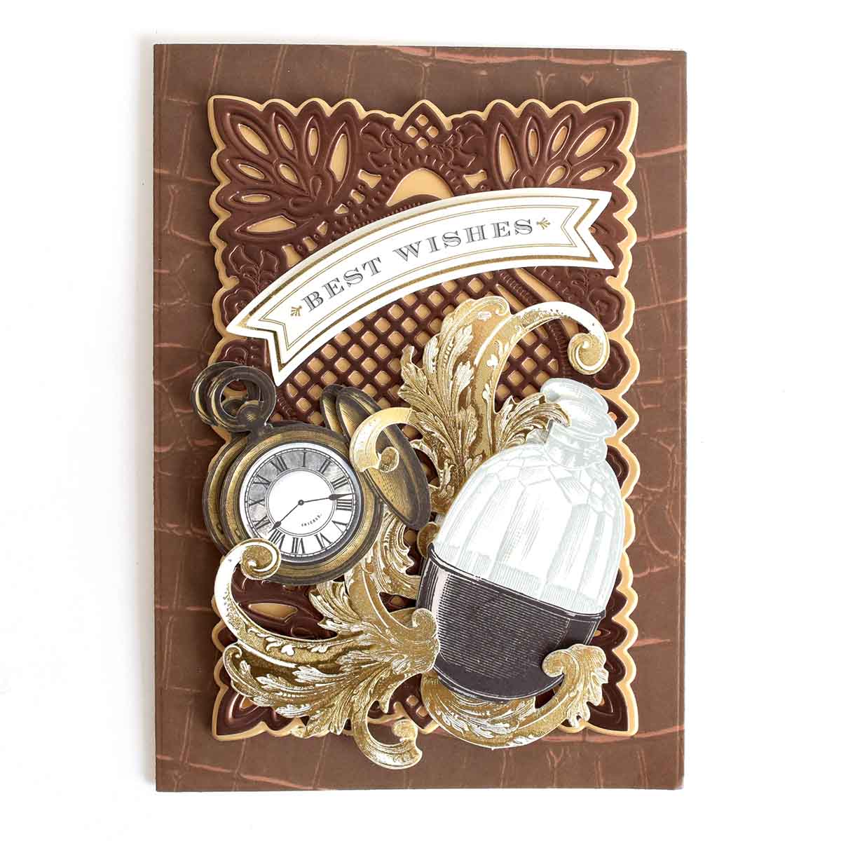 a card with a picture of a hat and a clock.