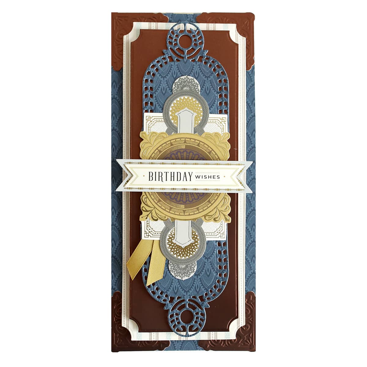 a blue and brown birthday card with a ribbon.
