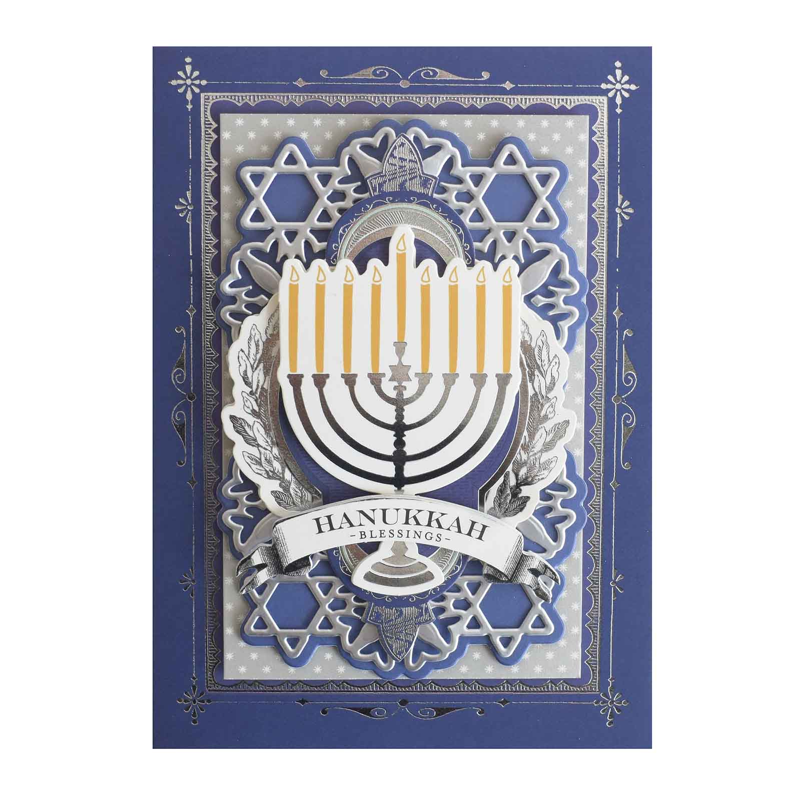 a hanukkah card with a menorah on it.