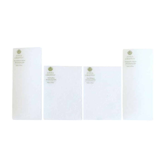 three pieces of white paper on a white background.
