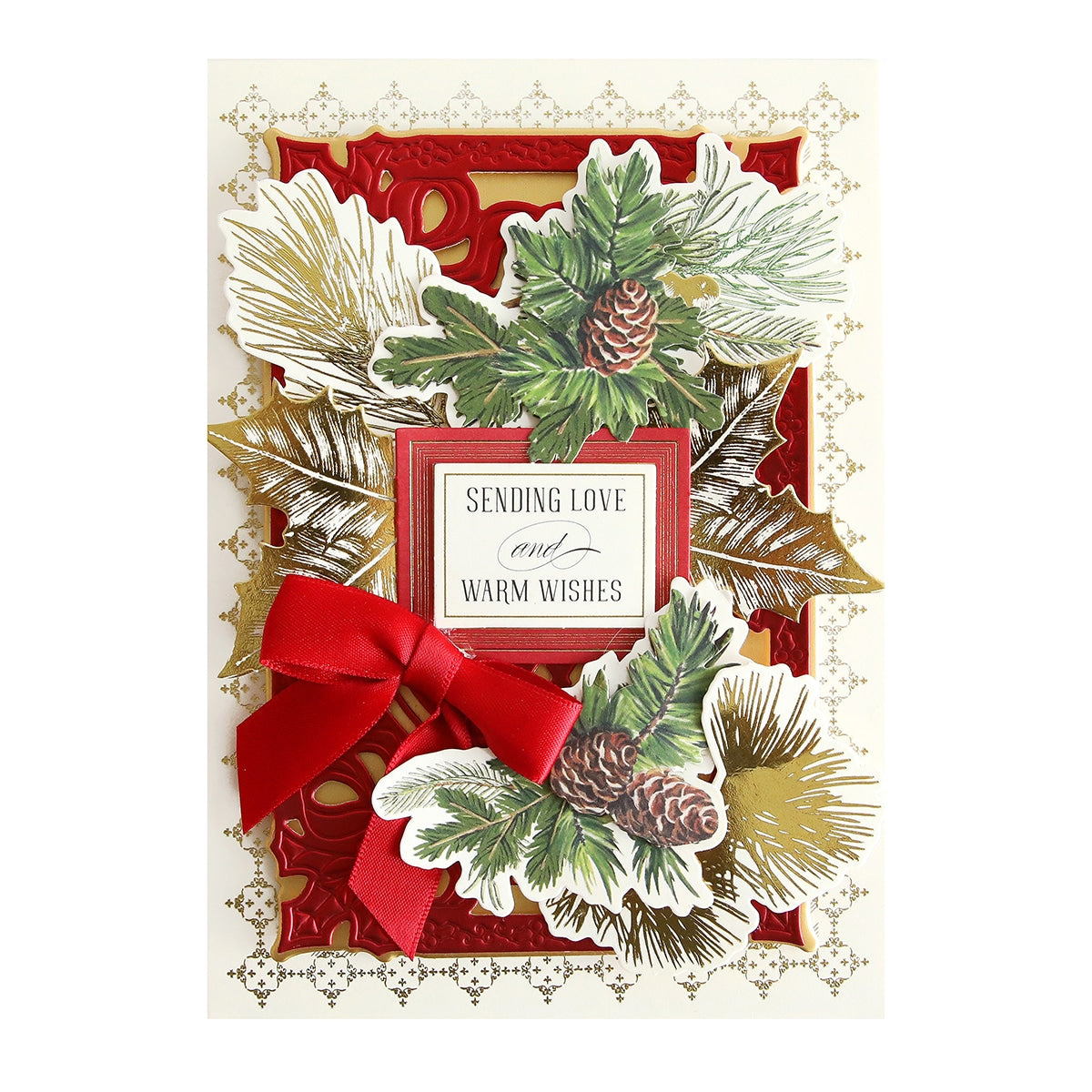a christmas card with a red bow and pine cones.