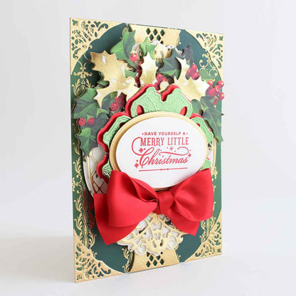a merry little christmas card with a red bow.