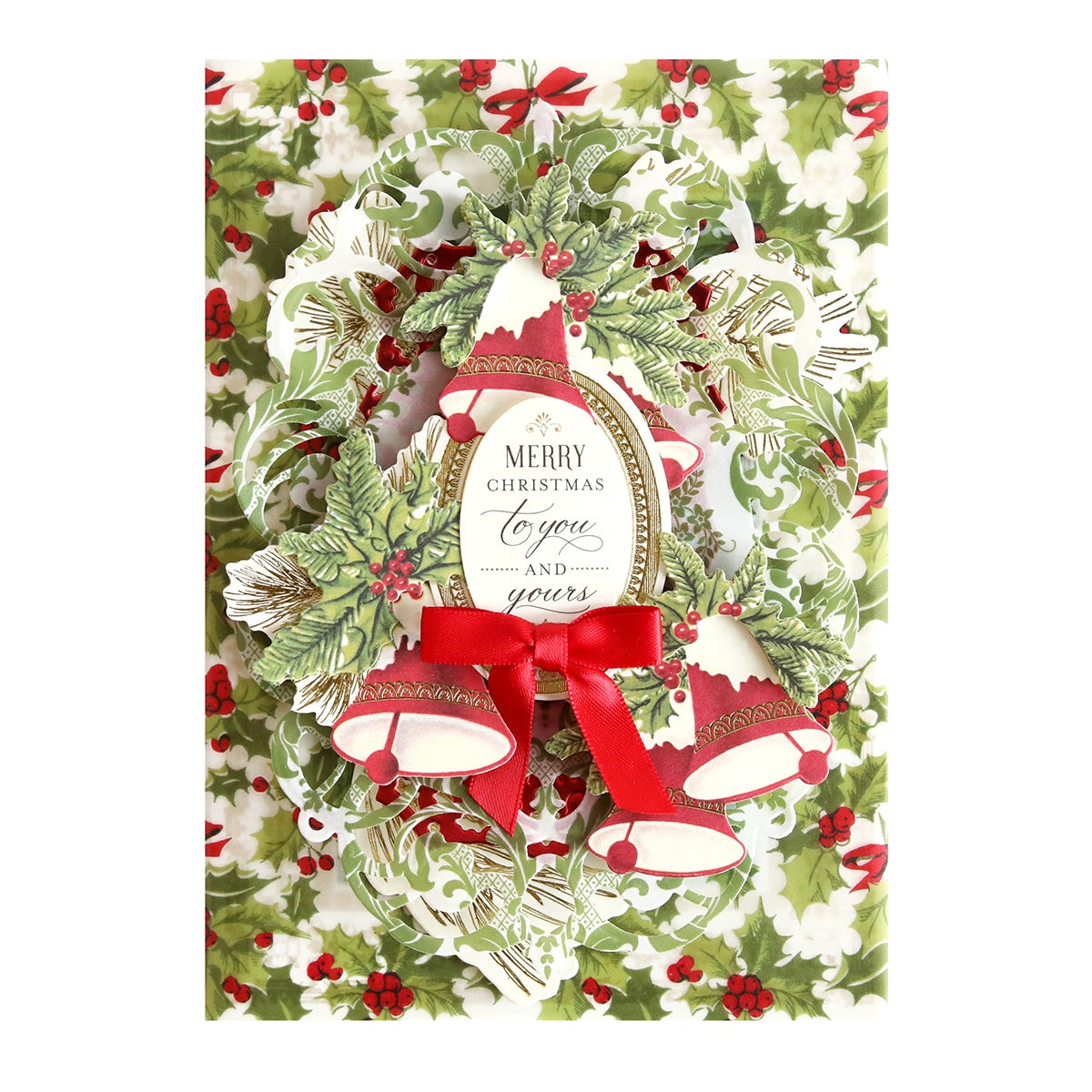 A Holiday Vellum Card and Envelopes with holly and bells on it.