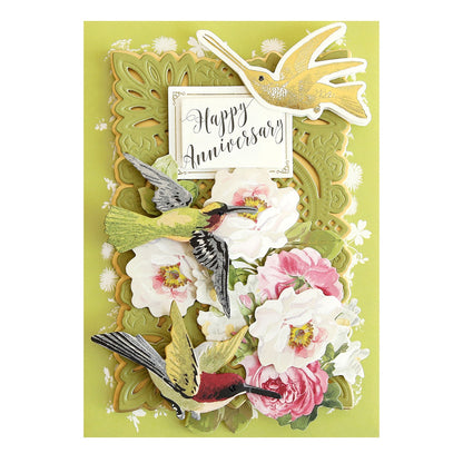 a happy anniversary card with flowers and birds.