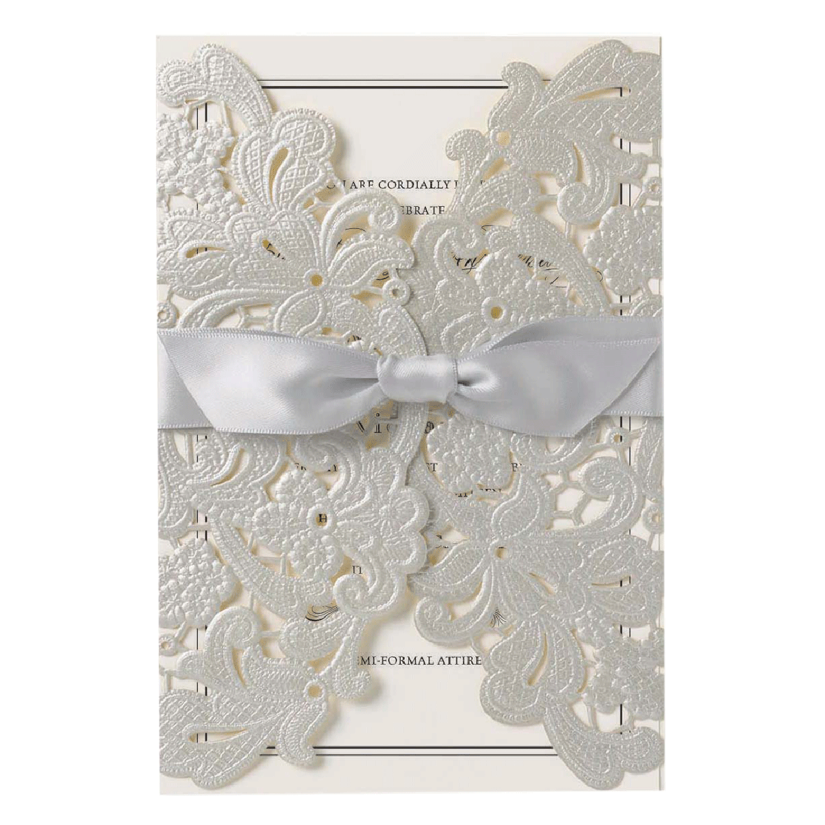 a white wedding card with a bow.