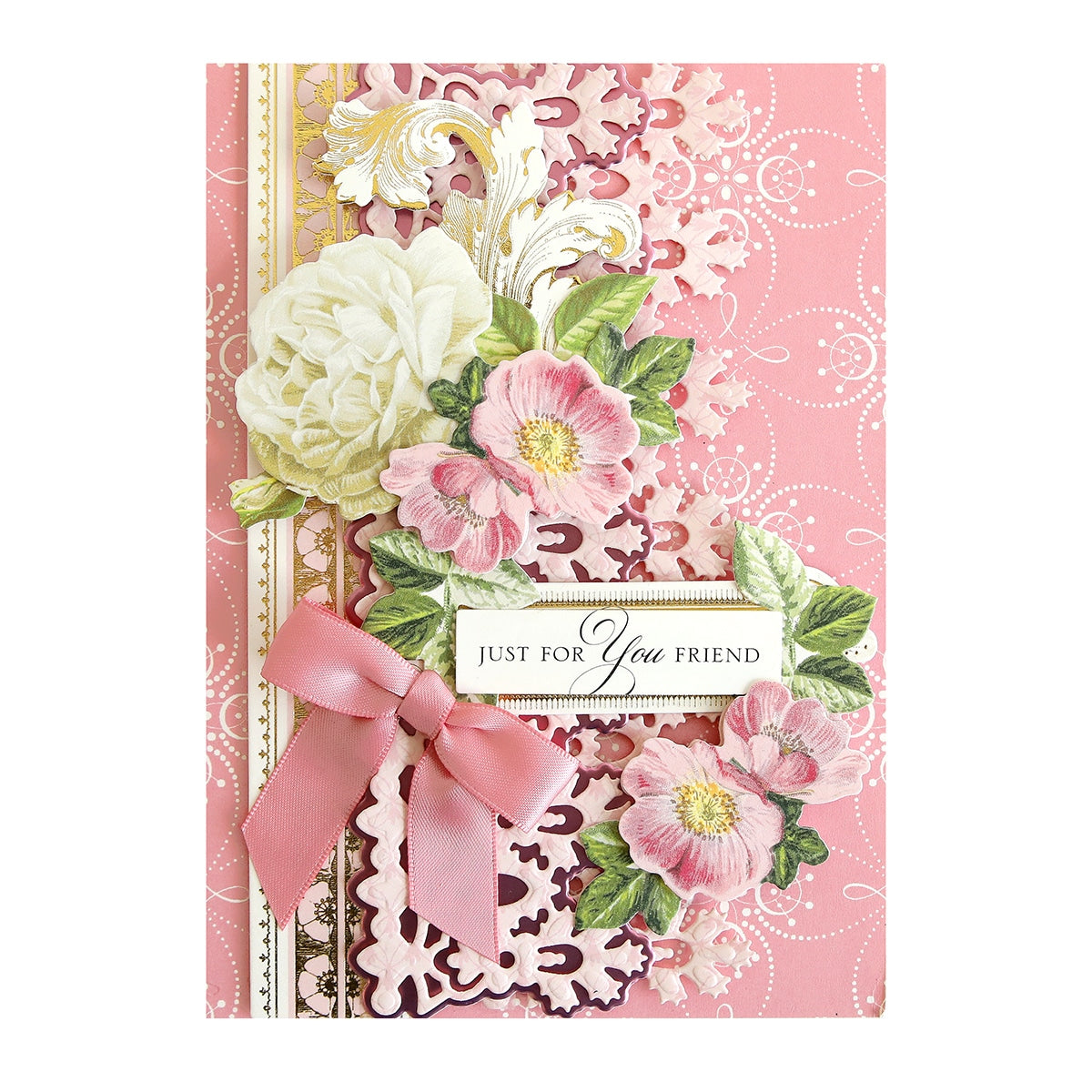 a card with a pink ribbon and flowers on it.