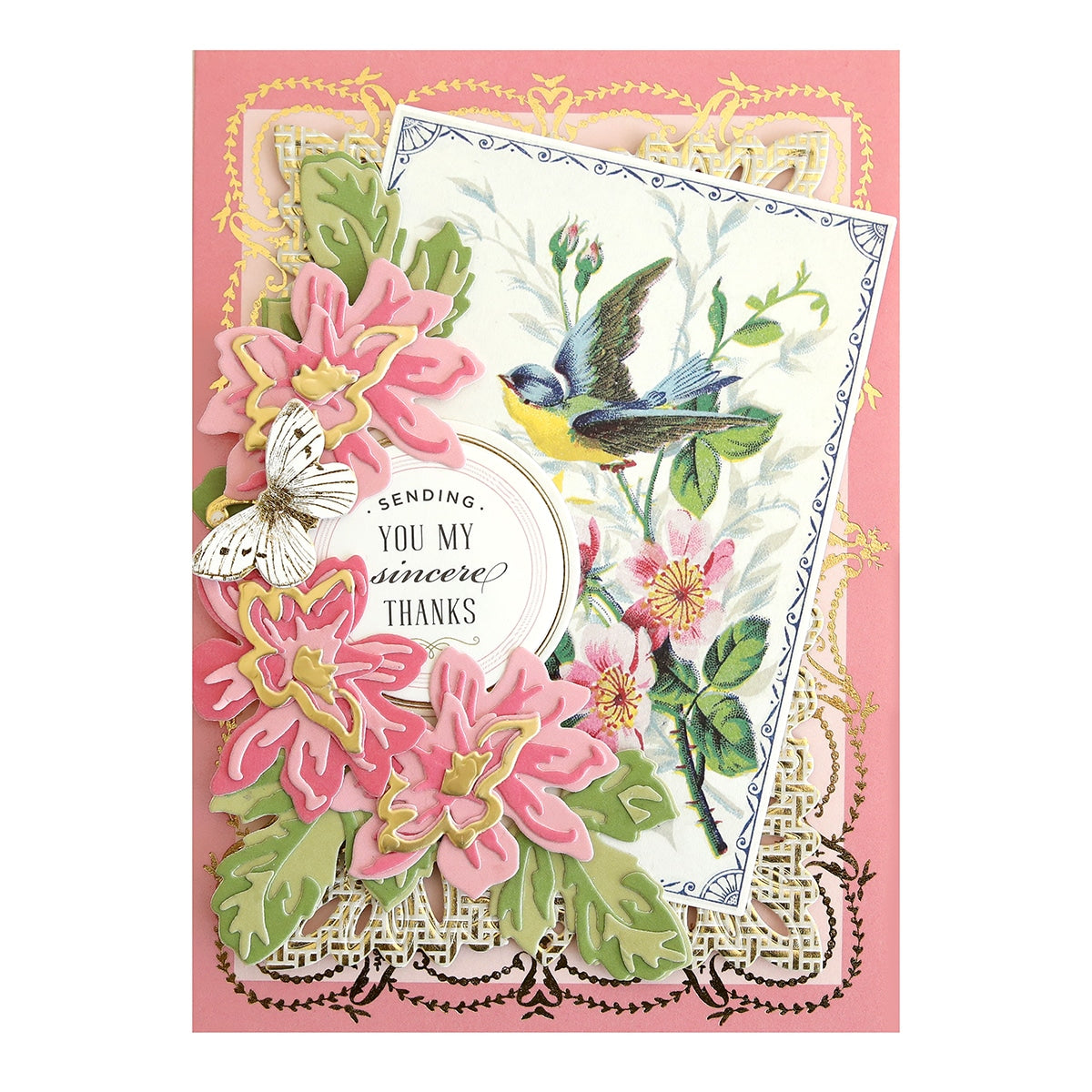 a card with a bird and flowers on it.