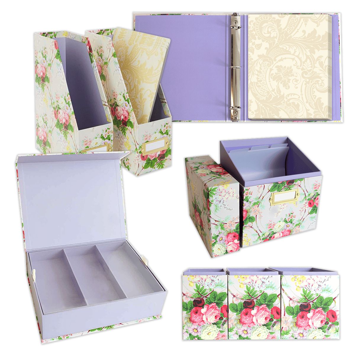 a set of four boxes with floral designs.