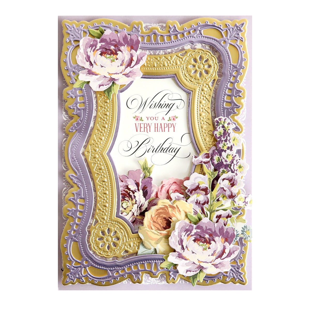 A purple and gold Birthday Wishes Luxury Matte Foil card with flowers.