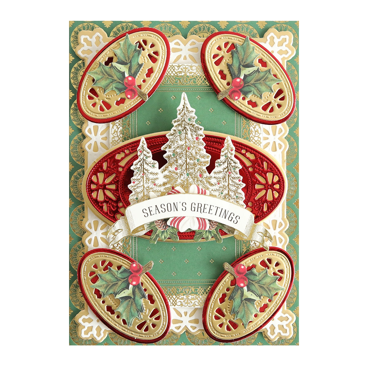 A Christmas Wishes Luxury Matte Foil with holly and pine trees.