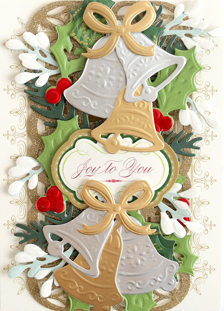 a christmas card with a bell and holly.