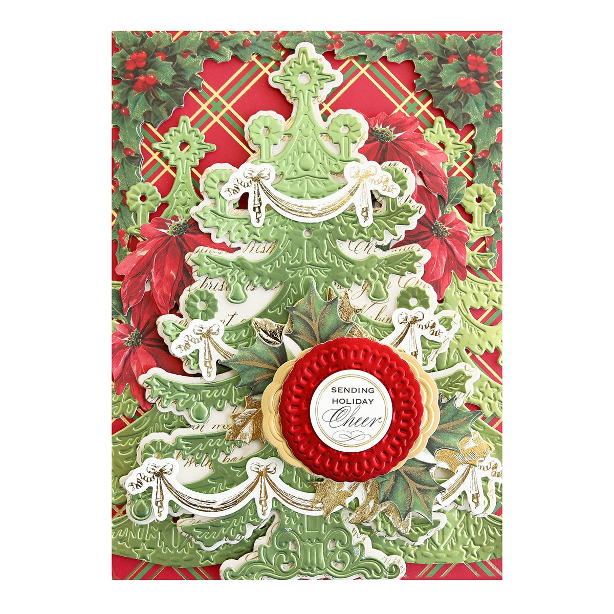 a close up of a christmas card with a red ribbon.