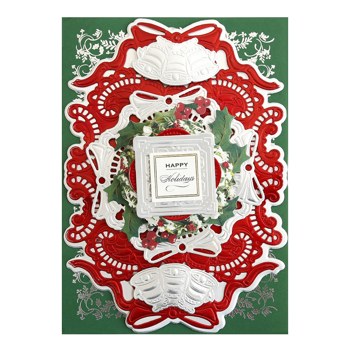 a red and green christmas card with a picture frame.