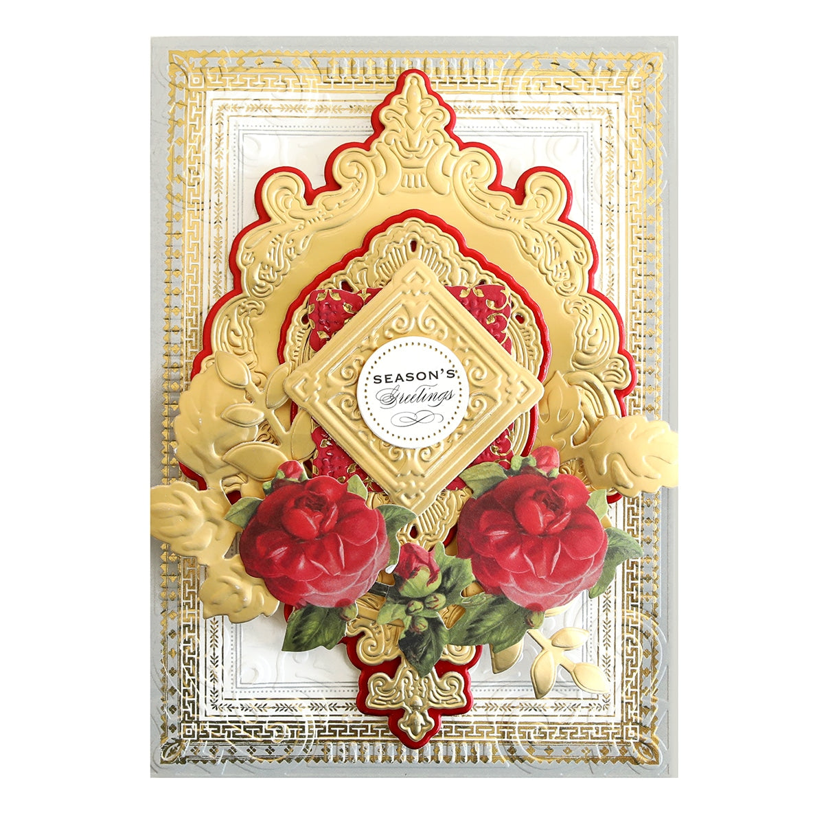 a red and gold card with flowers on it.