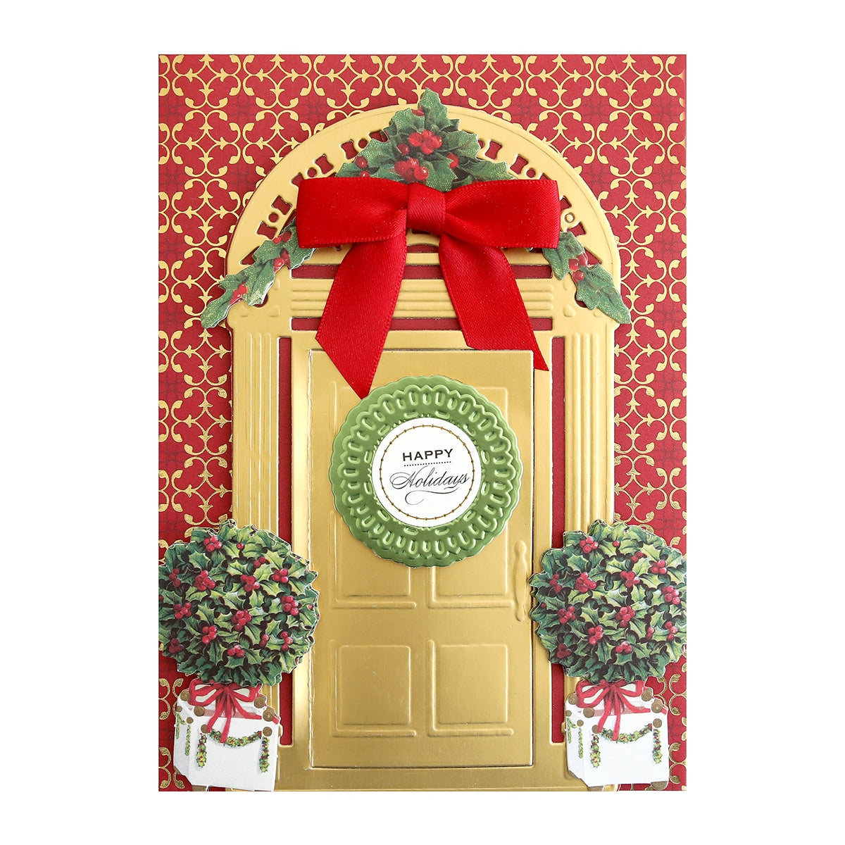 a christmas card with a gold door and a red bow.