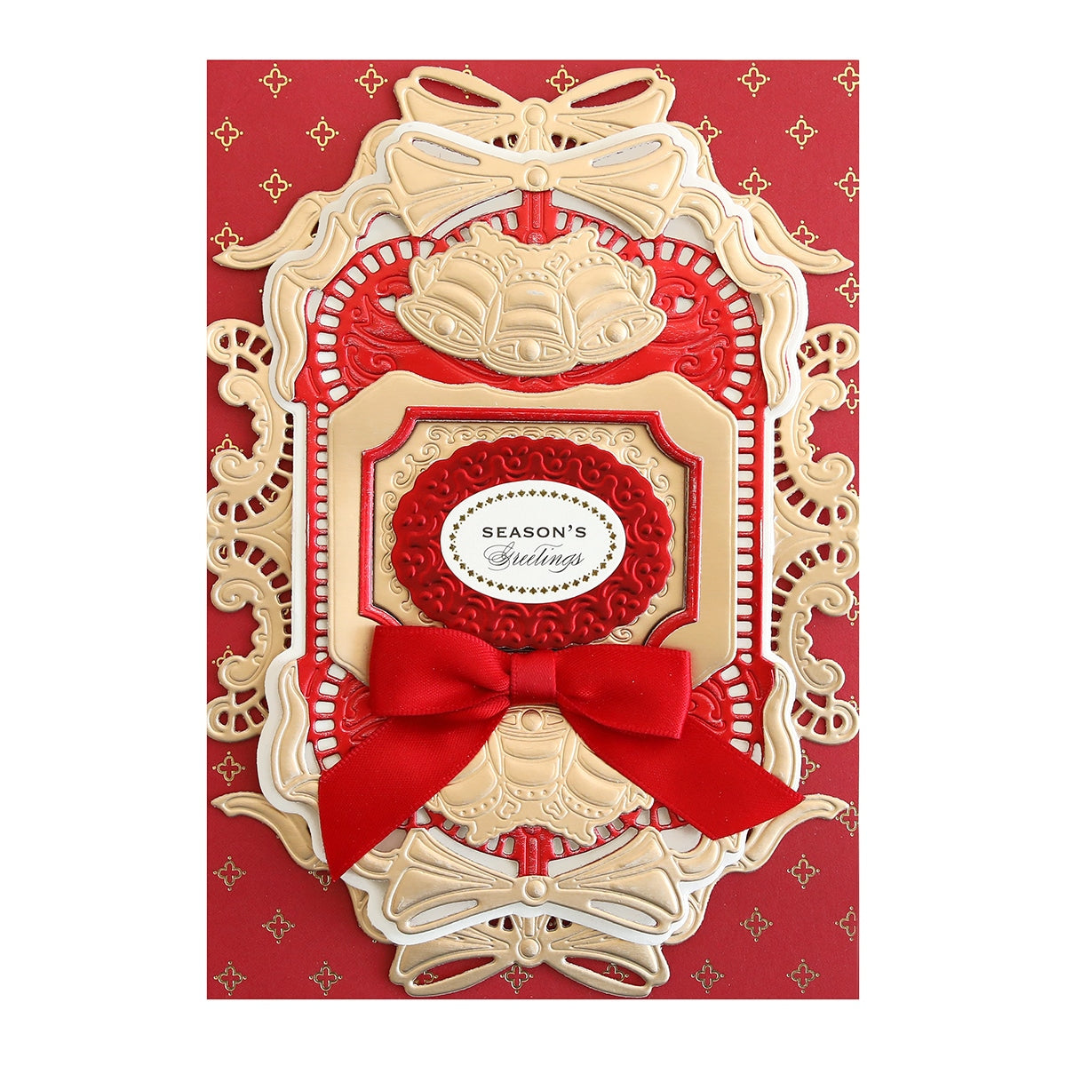 a red and white card with a red bow.