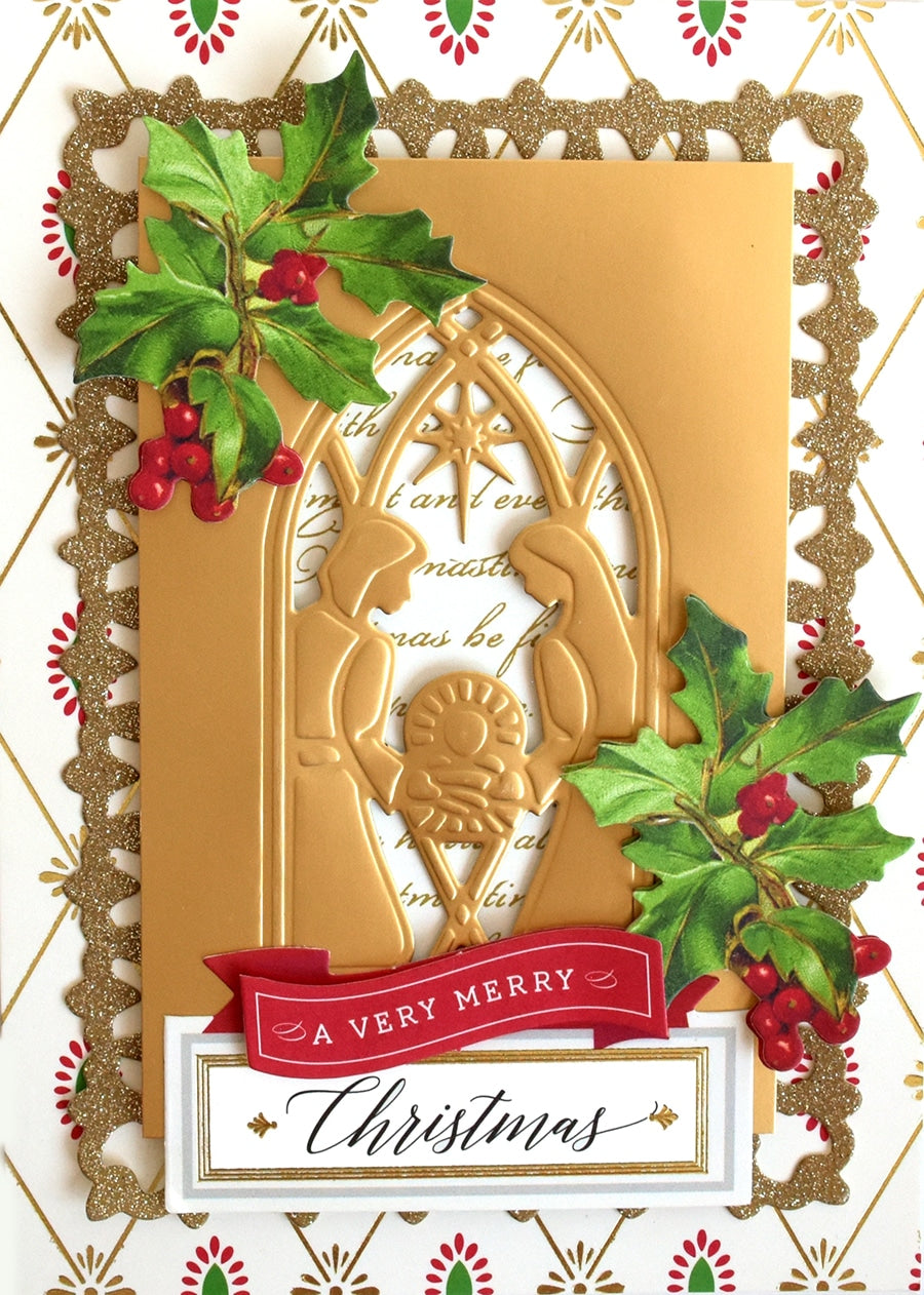 a christmas card with holly, holly, and a door.