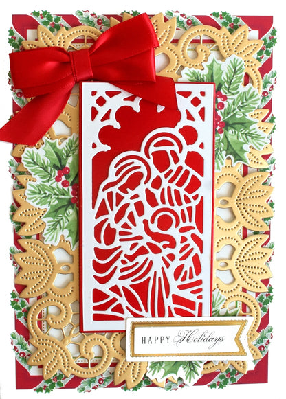 a card with a red bow on it.