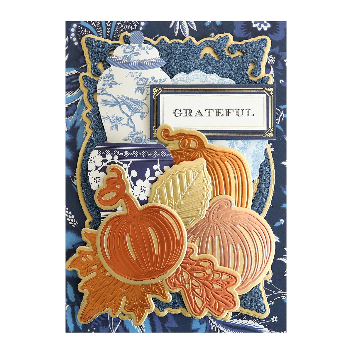 Thanksgiving card with Mini 3D Pumpkin& Leaf Dies on a blue background.