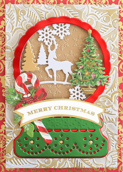 a christmas card with a picture of a deer and a christmas tree.