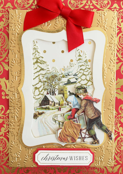 a christmas card with a picture of a couple on a sleigh.