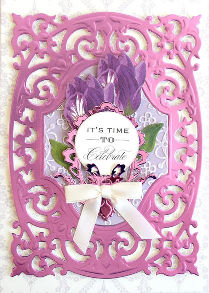 a card with a pink frame and a white bow.