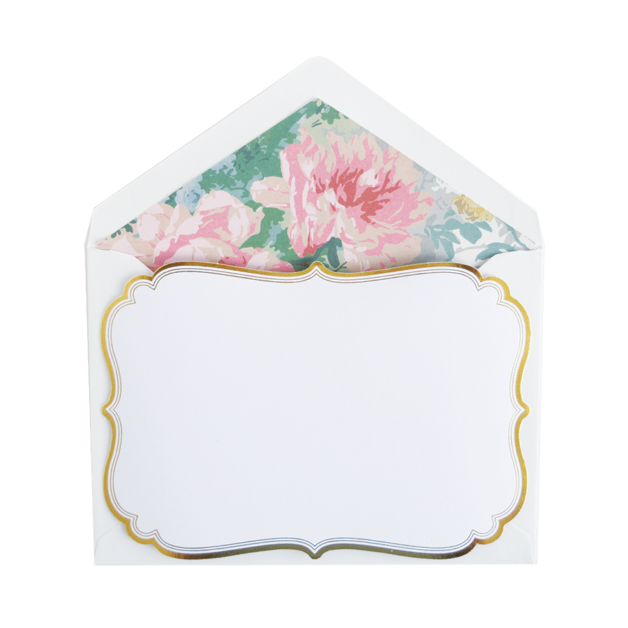 a white envelope with a pink flower on it.
