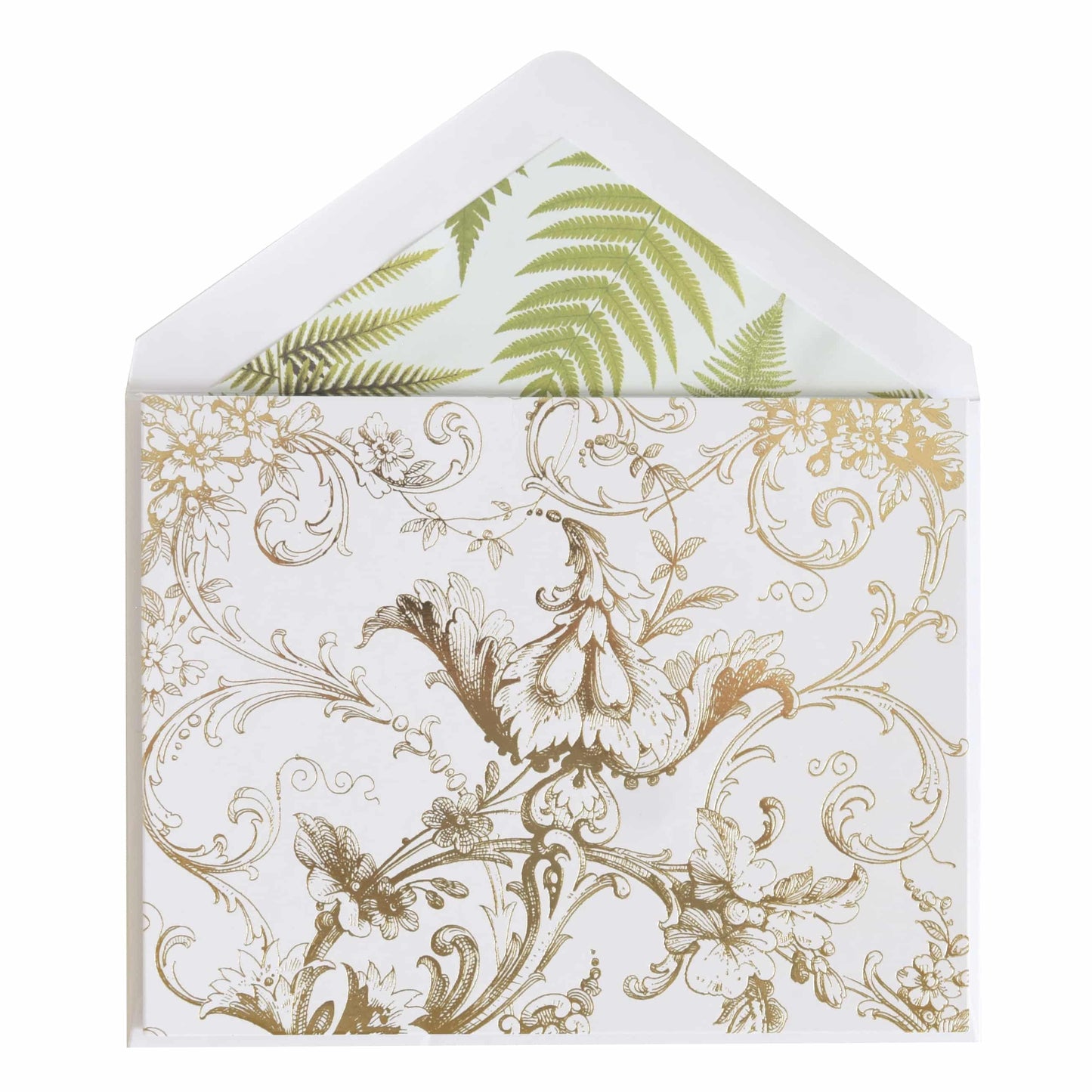 a white envelope with a gold and green floral design.