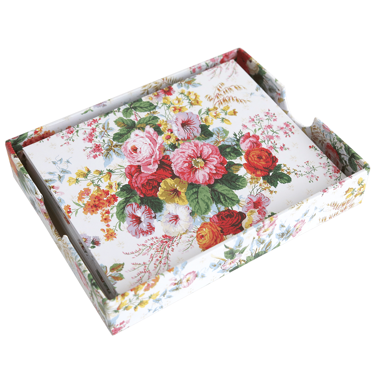 a flowered tray with handles on a green background.