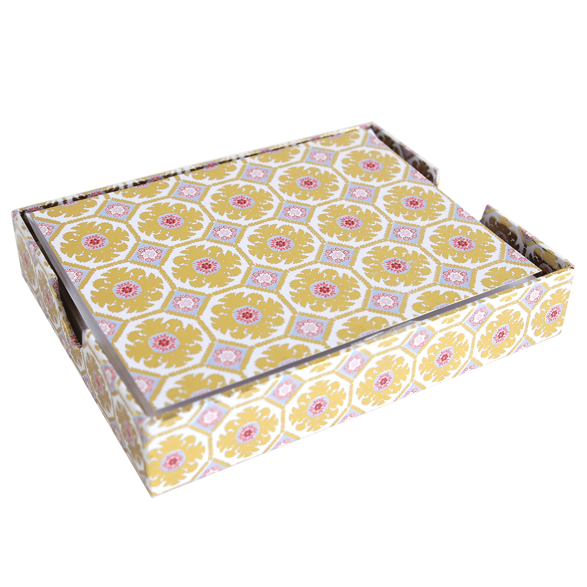a yellow and pink box with a pattern on it.